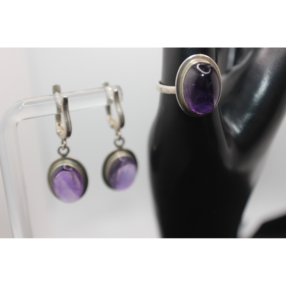 Vintage Sterling Silver 925 Blue Gemstone Cabochon Ring and Earring Set Size 7.5